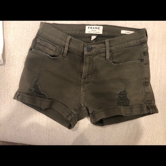 olive green distressed shorts
